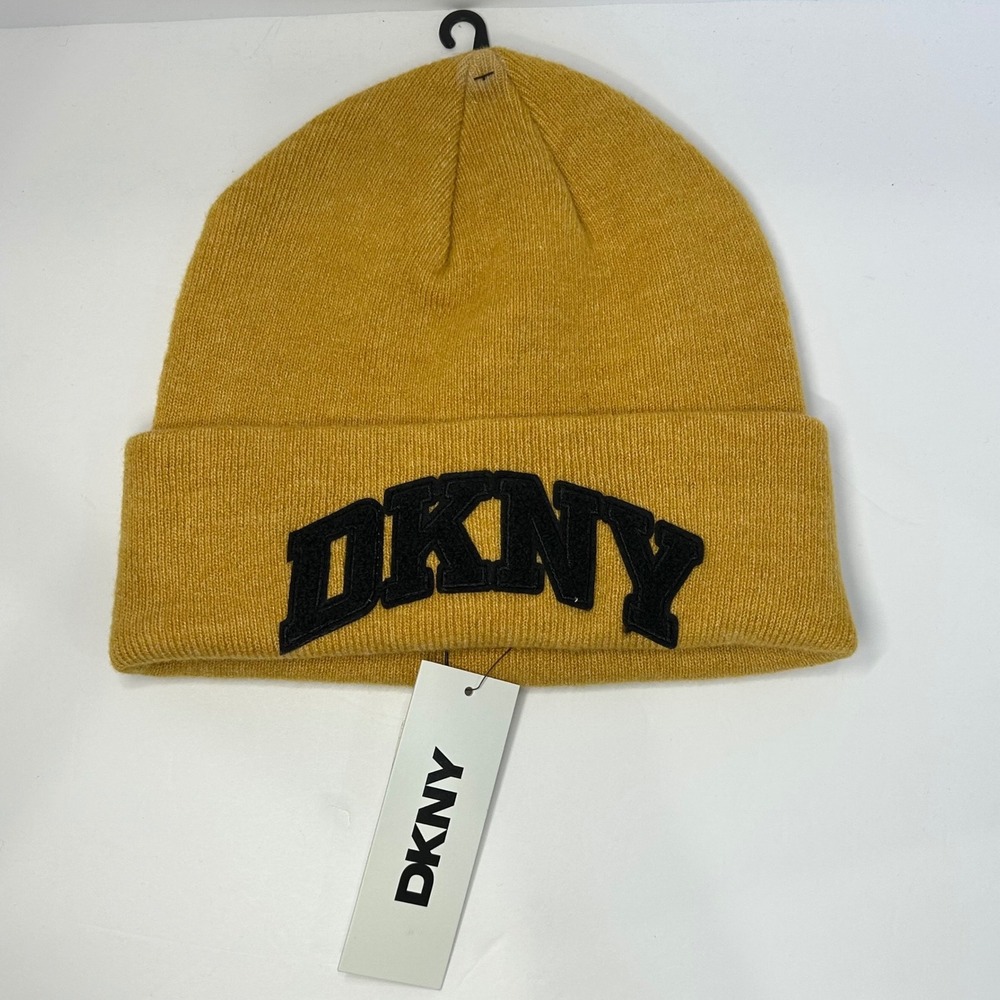 DKNY Mustard Yellow Cuffed Beanie Black Chenille Logo Knit Hat‎ NEW